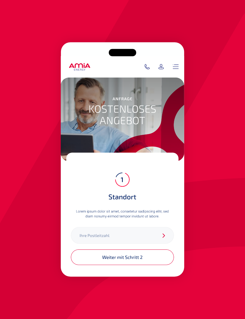 Bestellformular der AMIA Energy Website auf einem Mobil-Gerät