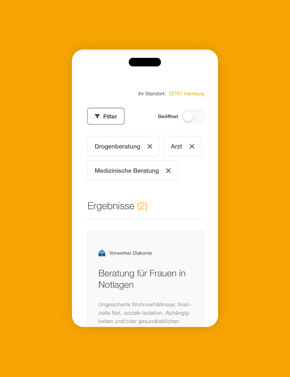Eine Seite für ein Hilfsangebot auf einem Handy