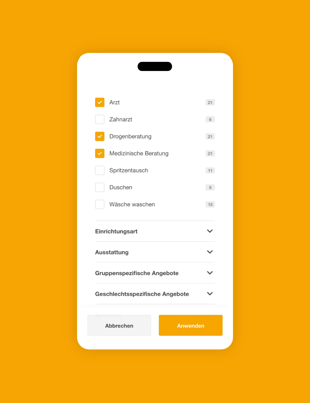 Die Suchfunktion für Hilfsangebote auf einem mobilen Endgerät